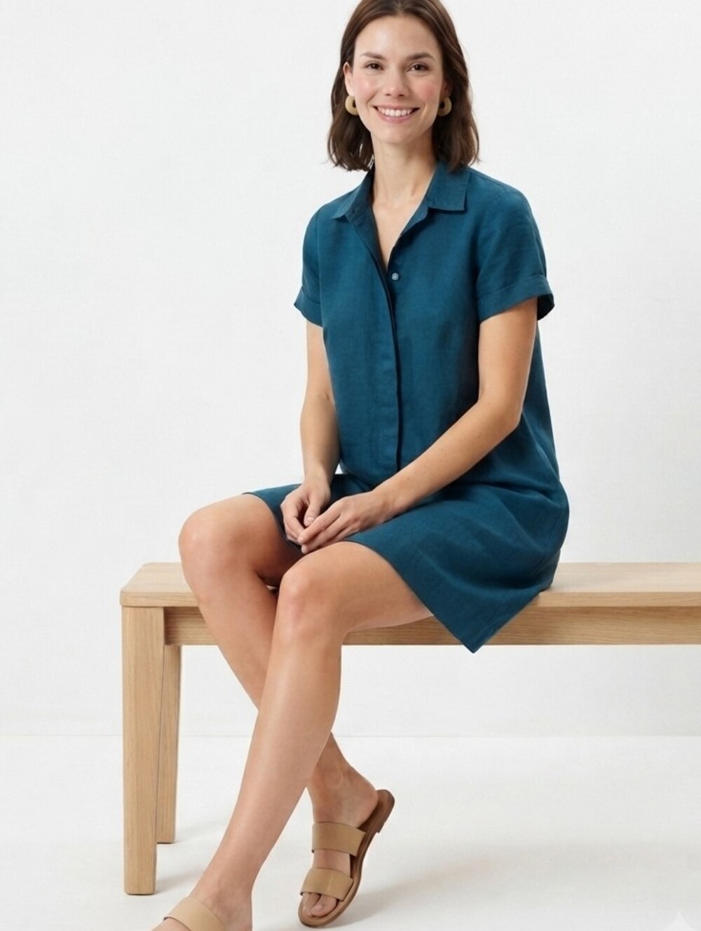 J.Jill Love Linen Shirt Dress Short Sleeve Pockets Size S Navy Blue - Picture 3 of 16
